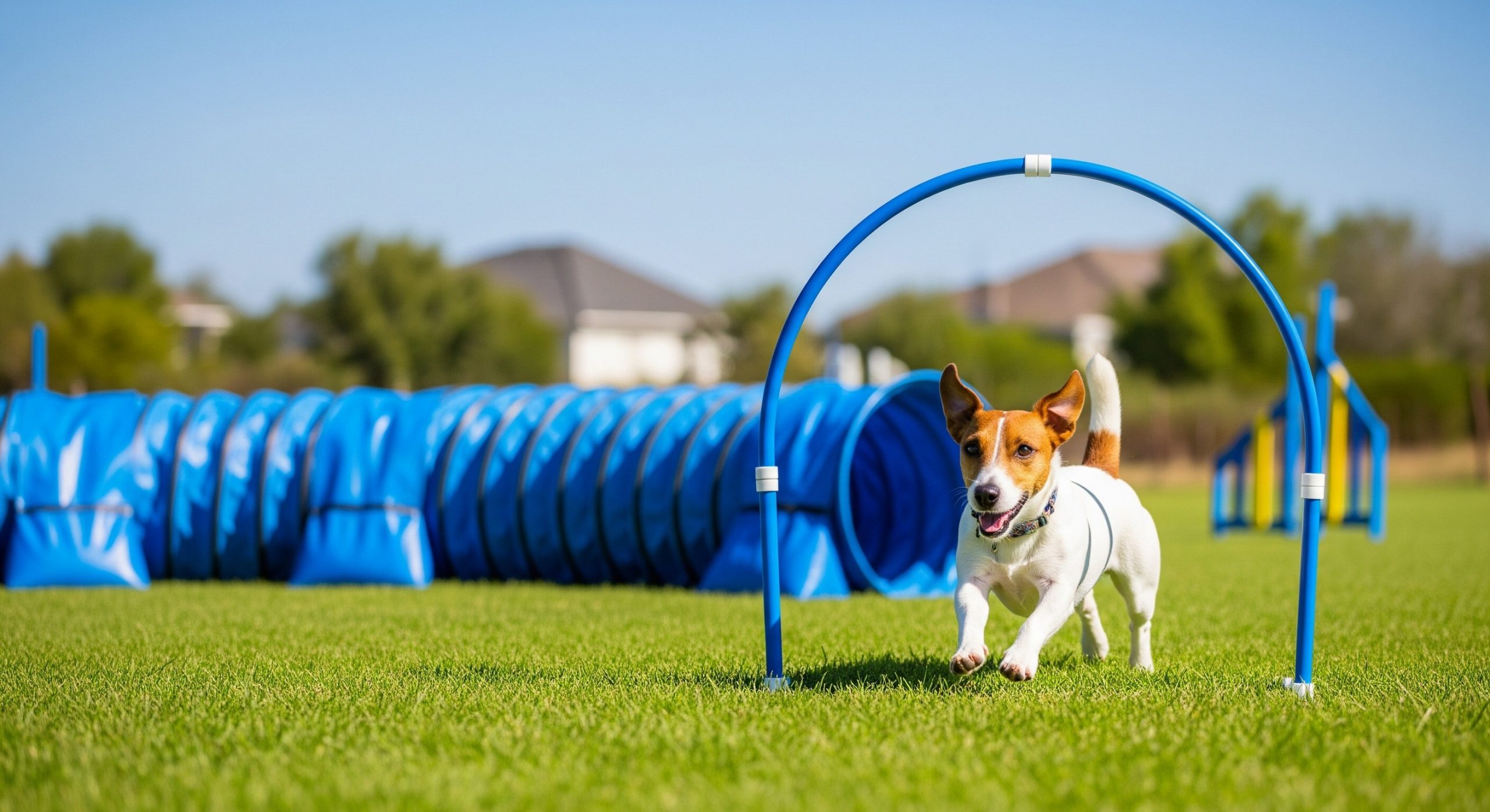 Motivierter Hund läuft dynamisch durch einen Hoopers-Bogen auf grüner Wiese, im Hintergrund blauer Hoopers-Tunnel im Hoppers Kurs der Hundeschule Tail Titans in Hof