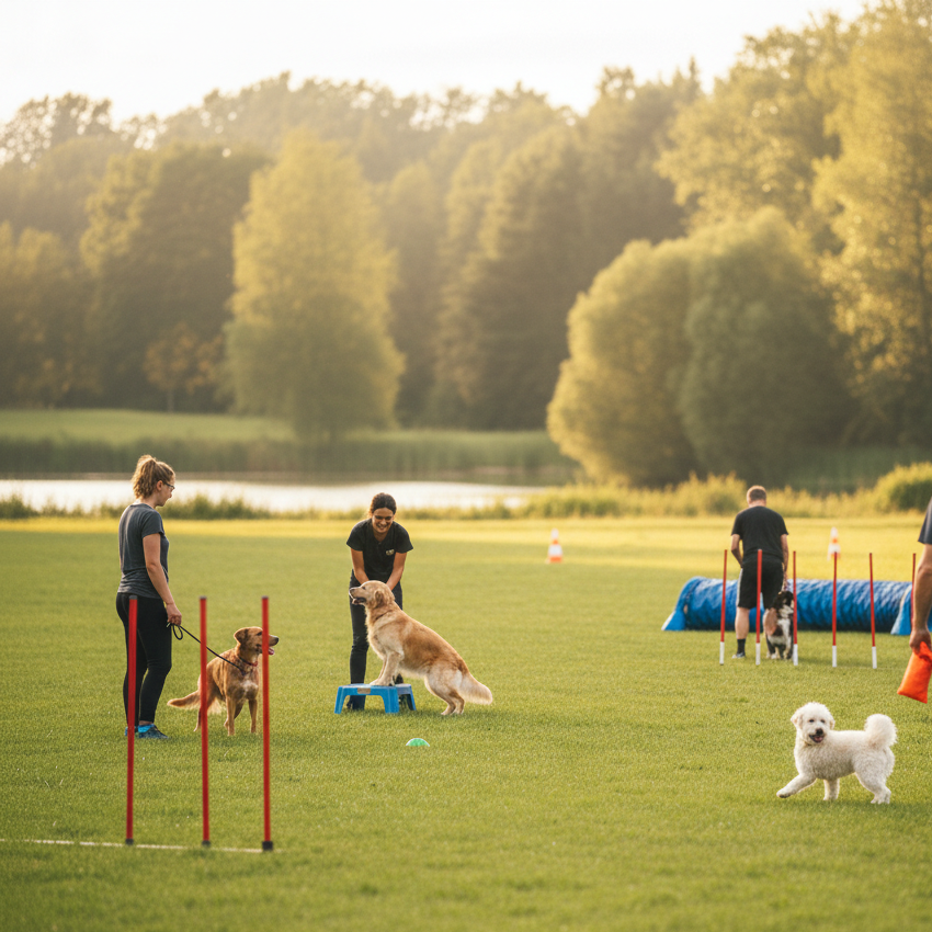 Mehrere Mensch-Hund-Teams trainieren gemeinsam auf dem Hundeplatz in Hof bei sommerlicher Abendsonne verschiedene Beschäftigungsübungen wie Cavaletti, Podest-Training und Apportieren.