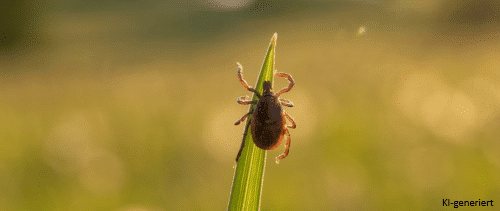 Nahaufnahme einer Zecke auf einem Grashalm in einer Wiese im Hofer Land.