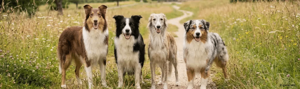 Collie, Border Collie, Longhaired Whippet und Australian Shepherd auf einem Weg im im Landkreis Hof.