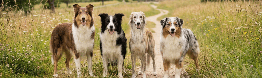 Collie, Border Collie, Longhaired Whippet und Australian Shepherd auf einem Weg im im Landkreis Hof.