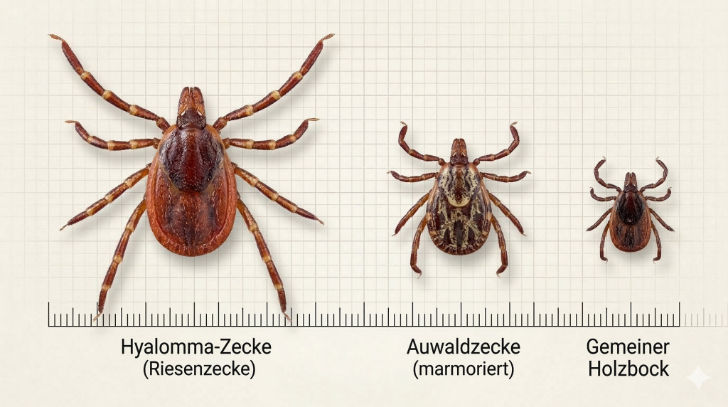 Eine wissenschaftliche Grafik, die drei Zeckenarten nebeneinander darstellt: Hyalomma, Auwaldzecke und Gemeiner Holzbock. Ihre tatsächliche relative Größe wird verdeutlicht.
