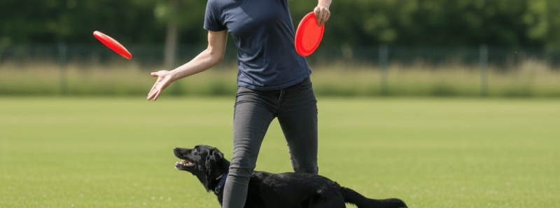 Eine Hundehalterin wirft eine Frisbeescheibe beim Training in der Hundeschule Hof, während ihr Hund hinrennt, um sie zu fangen. Fokus auf gesundes Disc Dogging und Verletzungsvorbeugung.