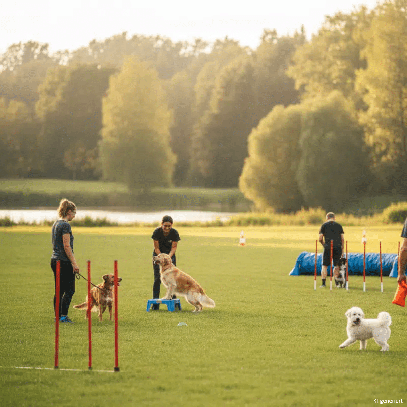 Mehrere Mensch-Hund-Teams trainieren gemeinsam auf dem Hundeplatz in Hof bei sommerlicher Abendsonne verschiedene Beschäftigungsübungen wie Cavaletti, Podest-Training und Apportieren.